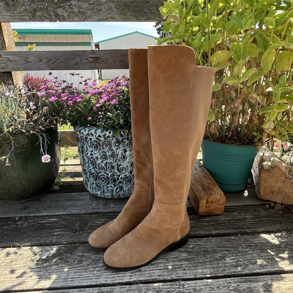Cole Haan Boots Women's Size 8 B Suede Low Heel Over the Knee Boot Tan Cognac